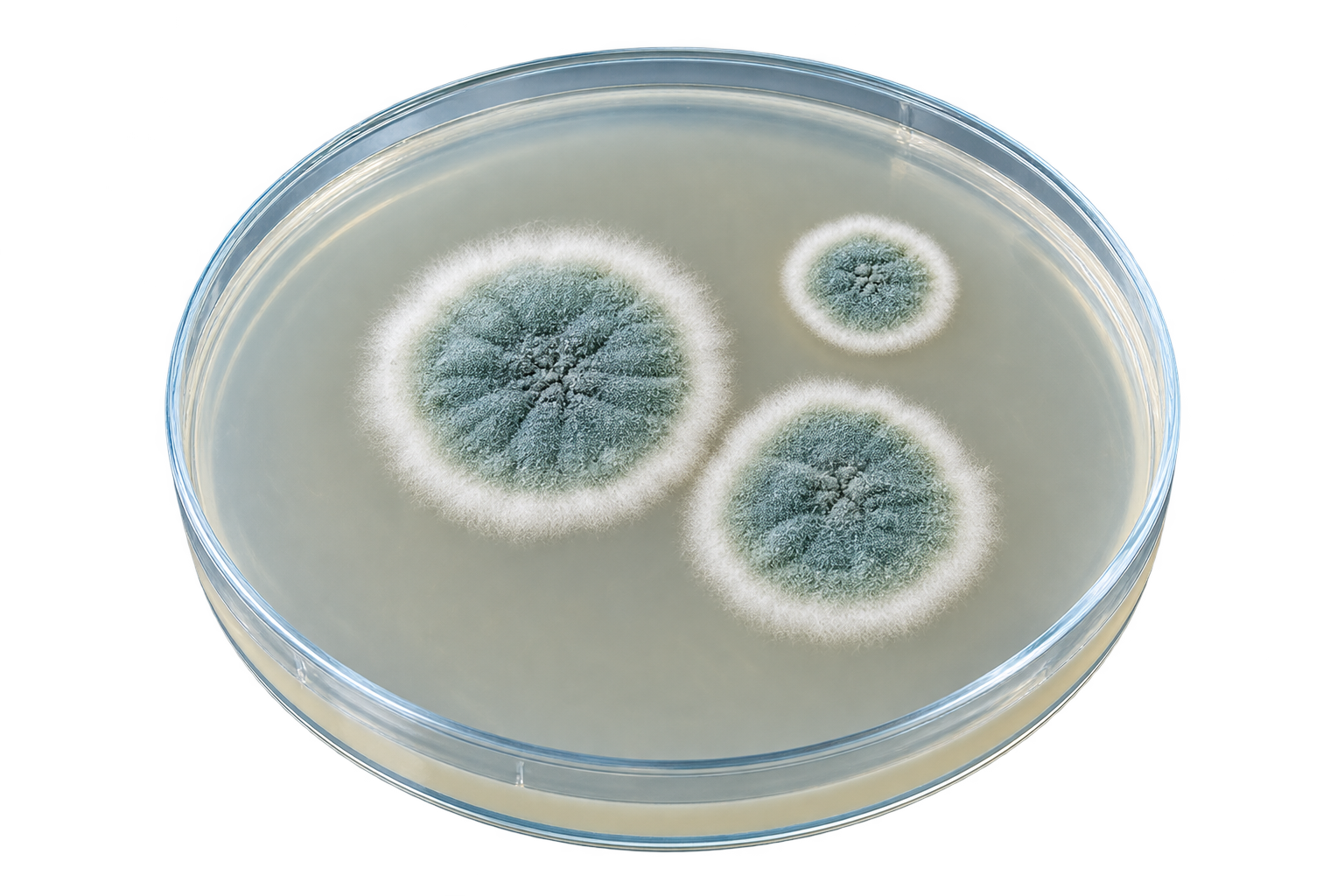 Rappresentazione di Penicillium chrysogenum: colonie verde-azzurre con margini bianchi su una capsula di Petri